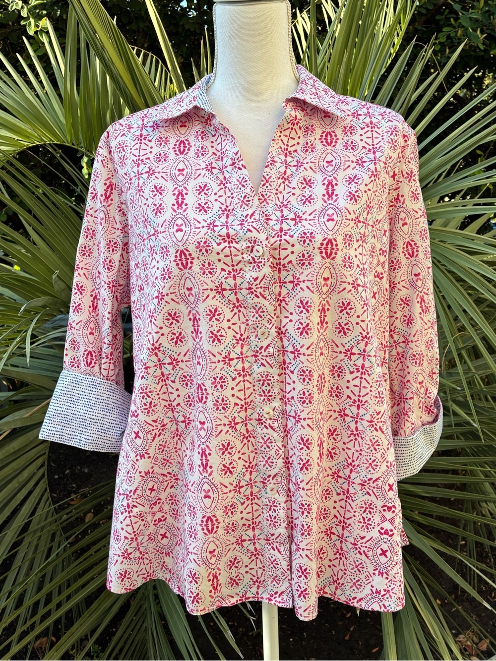 Foxcroft Women’s Pink Patterned Button-Front Tunic Top XL